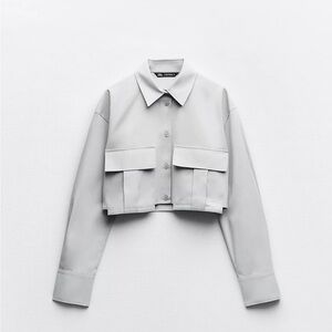 Zara Light Grey Cropped Button Down Gabardine Top with Pockets